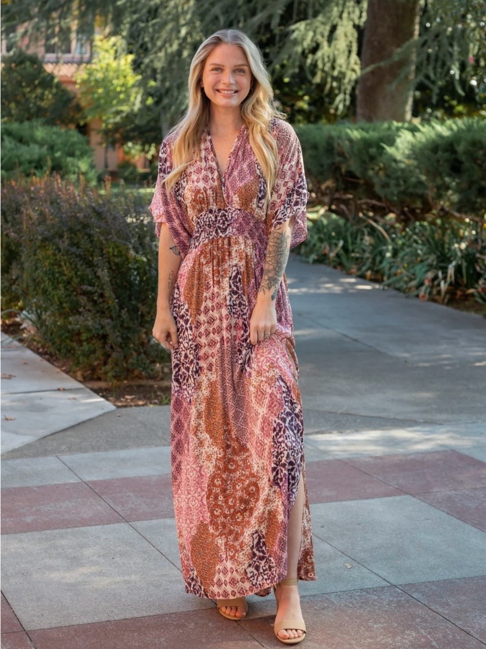 Boho V-Neck Patchwork Maxi Dress - Pink & Brown